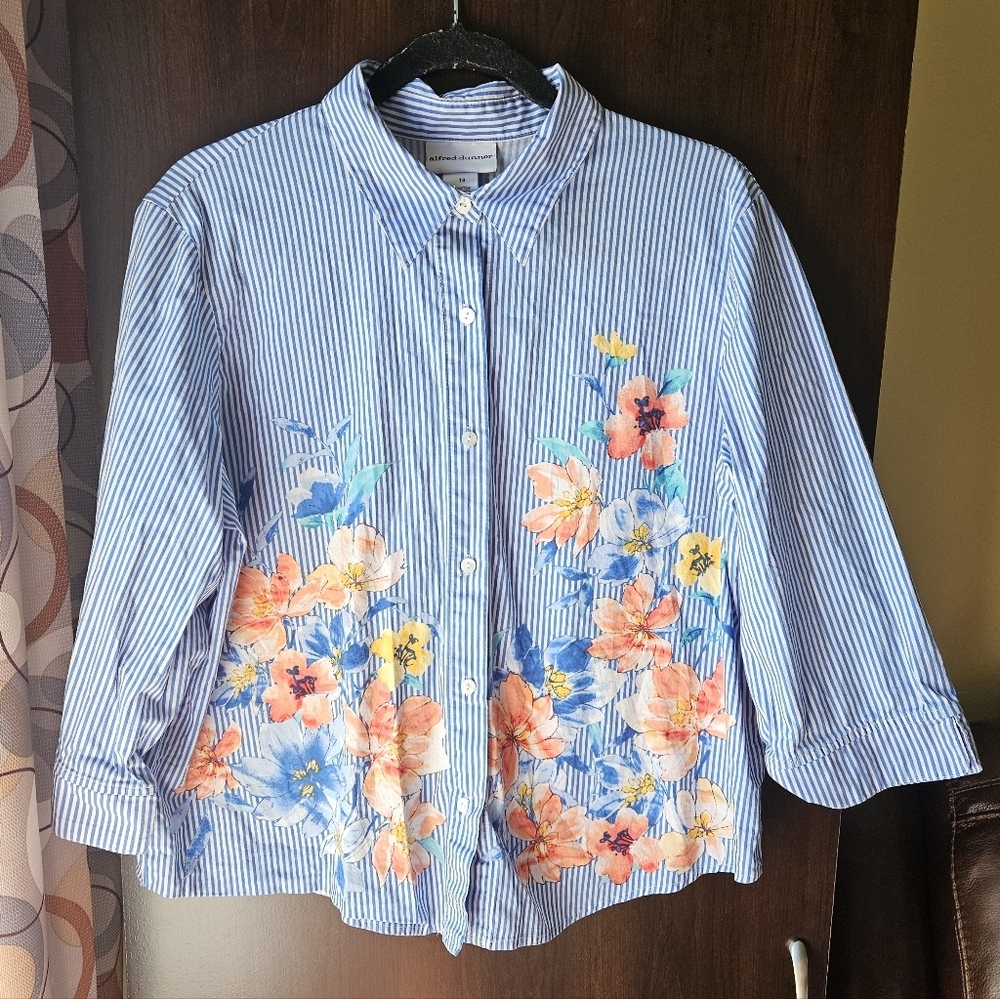 Alfred Dunner Blue Striped Floral Button Down Shirt Plus Size 18 97% Cotton